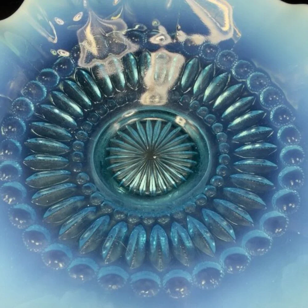 Vintage Opalescent Aqua Blue Scalloped‎ Edge Depression Glass Dish Bowl 8inch